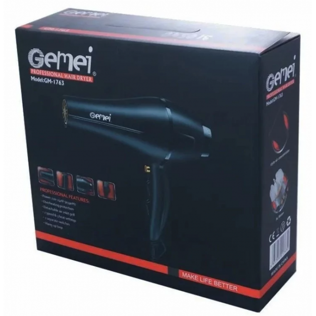 Профессиональный фен для укладки волос Gemei GM-1763 3 температурных режима 2 скорости холодный обдув Ионизация 2400Вт Черный - изображение 6