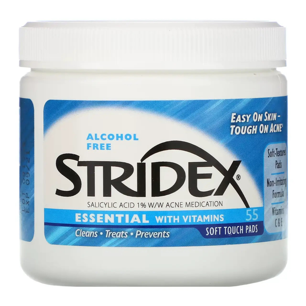 Салфетки проти акне не містять спирту Stridex (Essential Acne Treatment Pads 1% Salicylic Acid) 55 шт (SDX-06555) - зображення 1