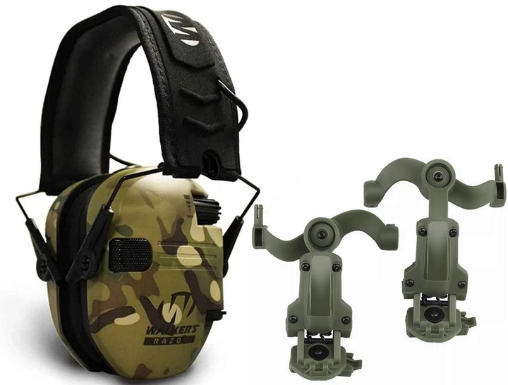 Комплект Активні навушники Walker's Razor Slim Multicam + кріпления на шолом "Чебурашка" Олива - зображення 1