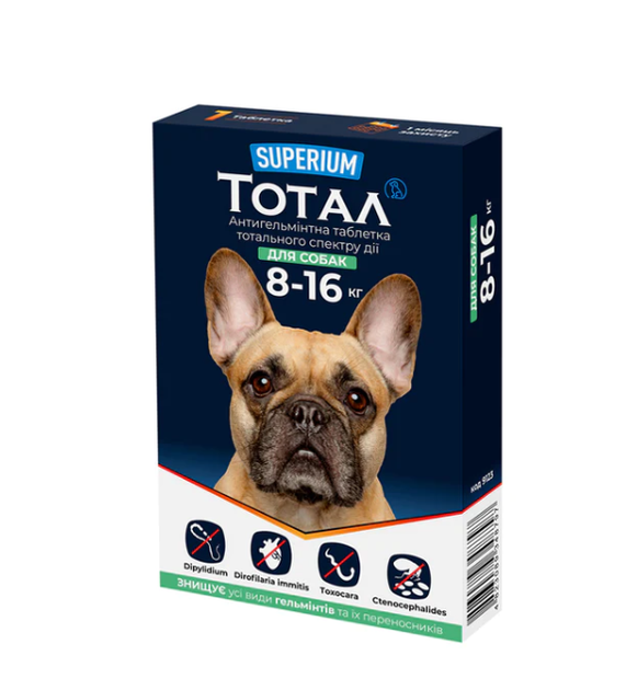 SUPERIUM Total антигельмінтні таблетки тотального спектру дії для собак від 8 кг до 16 кг - Фото 1 SUPERIUM Total антигельмінтні таблетки тотального спектру дії для собак від 8 кг до 16 кг - зображення 1