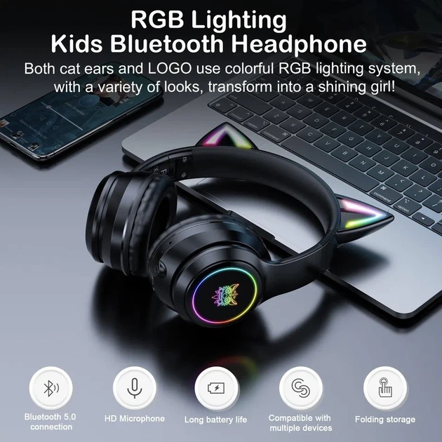 Беспроводные игровые наушники с кошачьими ушками Onikuma B90 с RGB подсветкой Bluetooth наушники для стриминга Черный - изображение 9