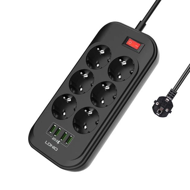 Мережевий фільтр подовжувач LDNIO SE6403 6 розеток і 4USB порти 2 м - зображення 2