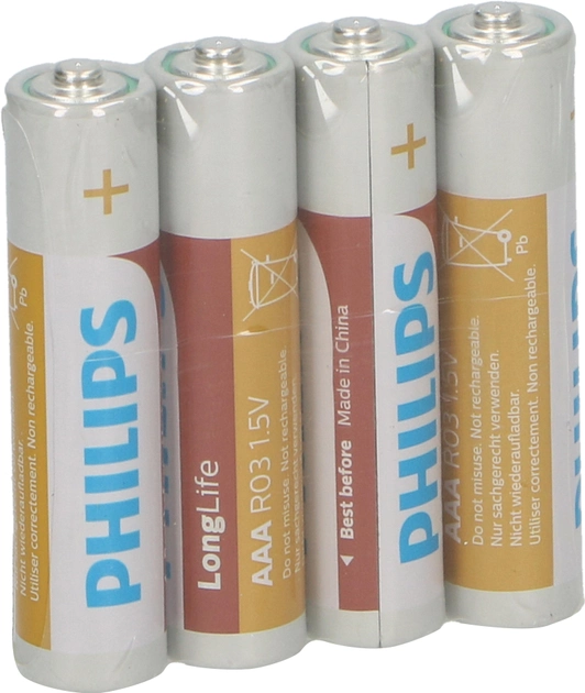 Батарейки Philips Batteries Carbon Zinc LongLife AAA R03 1.5 V 325 mAh 4 pcs (8712581549619) - зображення 1