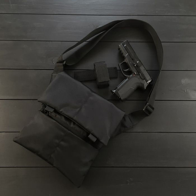 Универсальная сумка тактическая нагрудная, сумка с кобурой из плотной ткани на липучках через плечо Черная - изображение 2