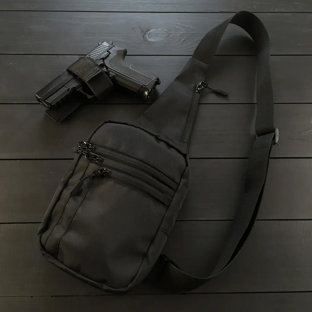 Универсальная сумка тактическая нагрудная, сумка с кобурой из плотной ткани через плечо Черная - изображение 1