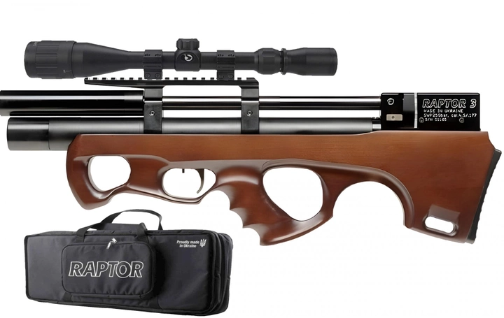 PCP Гвинтівка Raptor 3 Compact HP Дерево з оптичним прицілом 4х32 і чехлом - зображення 1