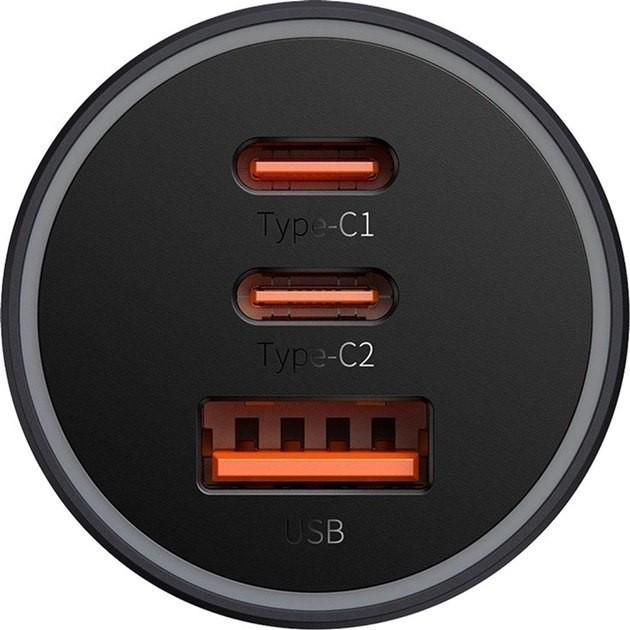 Автомобильное зарядное устройство Baseus Golden Contactor Pro Triple Fast Charger Car Charger 65W USB+2Type-C Быстрая зарядка Зарядка в авто (CGJP010013) Dark Gray - изображение 2
