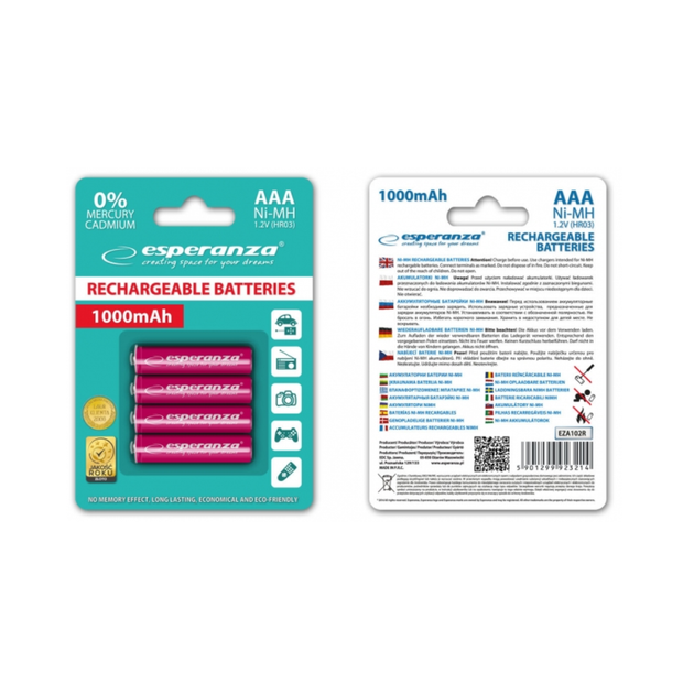 Акумулятор Ni-MH AAA Esperanza EZA102R 1000 mAh у блістері 4шт Червоний - Фото 2 Акумулятор Ni-MH AAA Esperanza EZA102R 1000 mAh у блістері 4шт Червоний - зображення 2