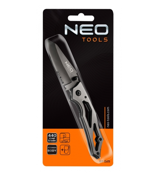 Складной нож с фиксатором и чехлом Neo Tools 63-025 60г Титан - изображение 2