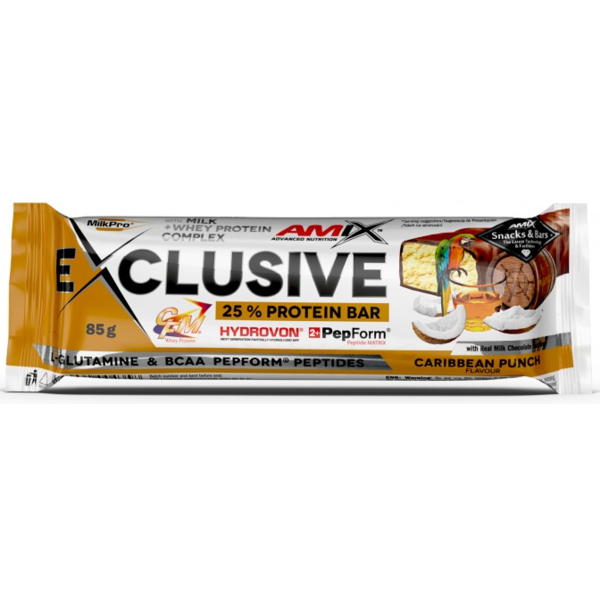 Протеиновый батончик Amix Exclusive Protein Bar 85 g Карибский пунш - Фото 1 Протеиновый батончик Amix Exclusive Protein Bar 85 g Карибский пунш - изображение 1