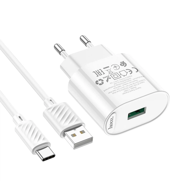 Мережевий зарядний пристрій HOCO C109A Fighter single port QC3.0 charger set(Type-C) White - Фото 5 Мережевий зарядний пристрій HOCO C109A Fighter single port QC3.0 charger set(Type-C) White - изображение 5
