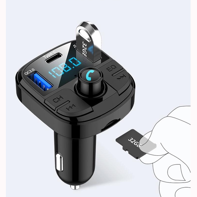 Автомобильный FM ФМ модулятор Terra ВТ29, Bluetooth 5.0, трансмиттер, вольтметр, USB зарядка QC 3.0, Type C - Фото 4 Автомобильный FM ФМ модулятор Terra ВТ29, Bluetooth 5.0, трансмиттер, вольтметр, USB зарядка QC 3.0, Type C - изображение 4