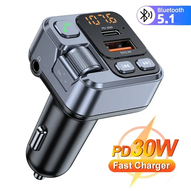Автомобильный FM ФМ модулятор Terra T16, Bluetooth 5.1, трансмиттер, вольтметр, зарядка QC 3.0 и PD 30W - изображение 2