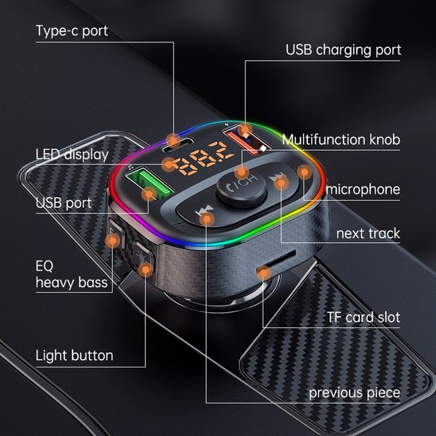 Автомобильный FM ФМ модулятор Terra T86S, Bluetooth 5.1, трансмиттер, вольтметр, USB зарядка QC 3.0 - изображение 6