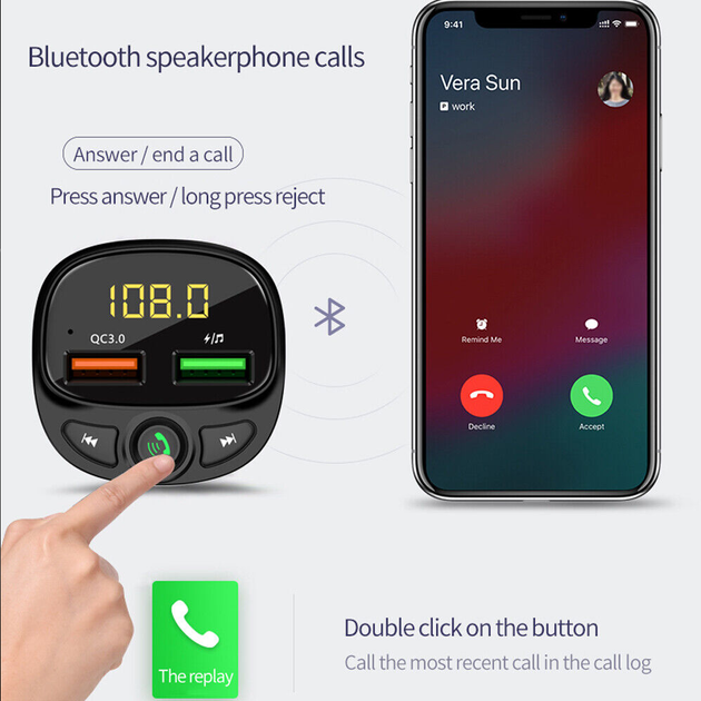 Автомобильный FM ФМ модулятор Terra HY-87, Bluetooth 5.0, трансмиттер, вольтметр, USB зарядка QC 3.0 - изображение 7