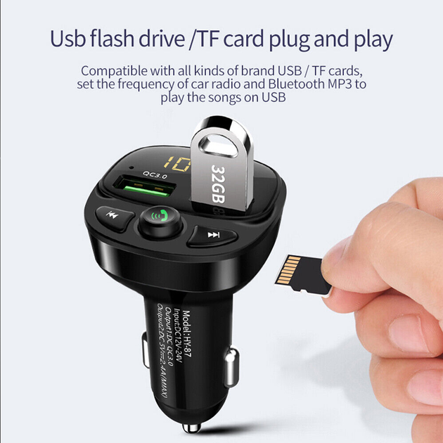 Автомобильный FM ФМ модулятор Terra HY-87, Bluetooth 5.0, трансмиттер, вольтметр, USB зарядка QC 3.0 - изображение 9