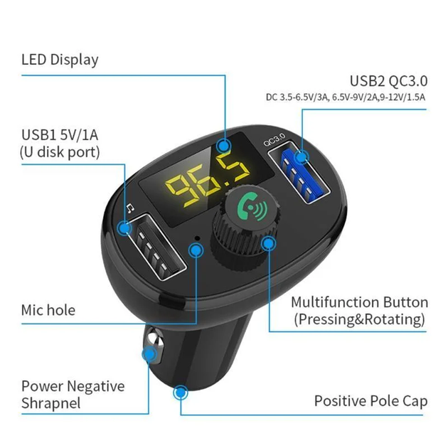 Автомобильный FM ФМ модулятор Terra ВТ23, Bluetooth 5.0, трансмиттер, вольтметр, USB зарядка QC 3.0 - изображение 3
