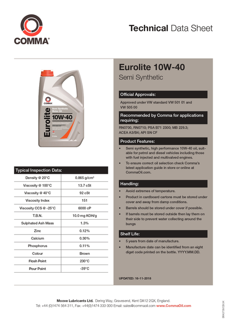 Моторное масло для Volkswagen 10W-40 VW 501 00/505 00 Comma EUROLITE 1л ...