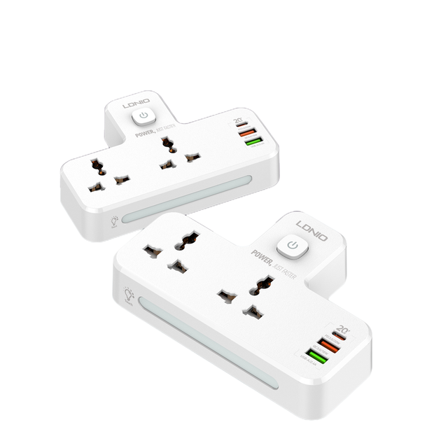 Настенный сетевой фильтр (удлинитель) LDNIO SE2311, 2 розетки US/EU/UK, 1хUSB+1xUSB QC3.0+TypeC PD20W с лампой - изображение 2