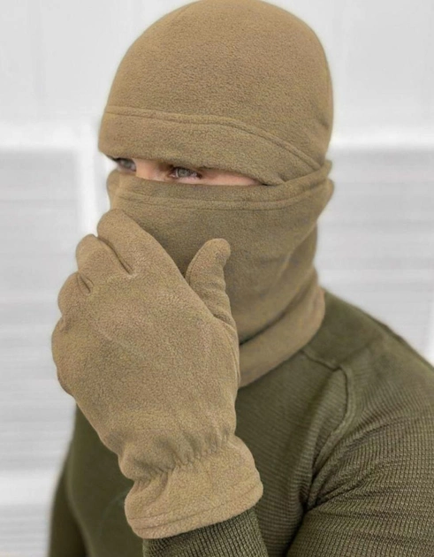 Тактичний флісовий комплект із шапки баффа та рукавичок для армії ЗСУ універсальний розмір бежевого кольору - зображення 1
