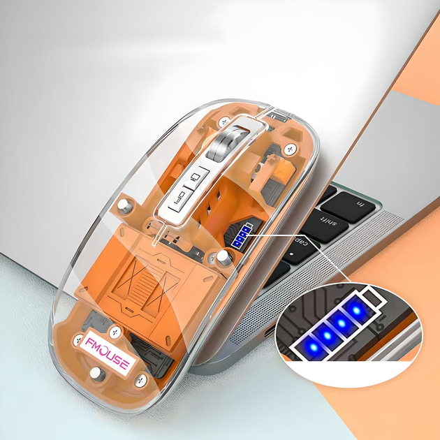 Мышь беспроводная прозрачная FMOUSE M133 с подсветкой, магнитная крышка, с аккумулятором (blue) - Фото 8 Мышь беспроводная прозрачная FMOUSE M133 с подсветкой, магнитная крышка, с аккумулятором (blue) - изображение 8
