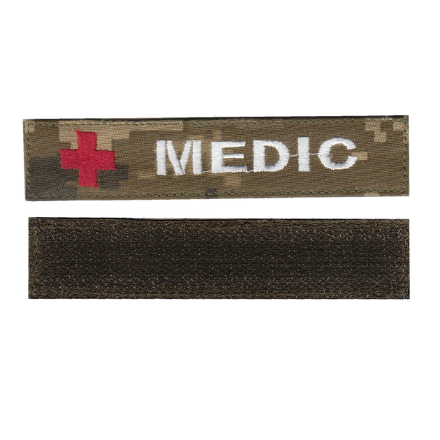 Шеврон патч нашивка на липучке нагрудный Медик Medic с крестом на пиксельном фоне, 2.8см*12.5см, Светлана-К - изображение 1