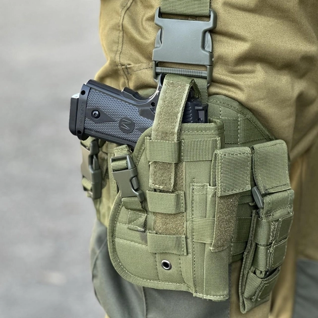 Тактическая набедренная кобура Tactic универсальная кобура на пояс с карманом под магазин цвет Олива (holster-1019-olive) - изображение 1