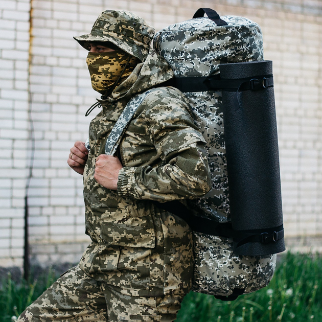 Баул-сумка 100л армійська Оксфорд піксель з кріпленням для каремату та саперної лопати. - зображення 1