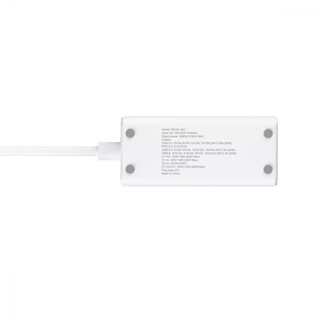 Сетевое зарядное устройство Proove PD-02 GaN |2Type-C/USB, 65W/16A, PD/QC4.0+| с розеткой и кабелем 1.5м. White - изображение 10