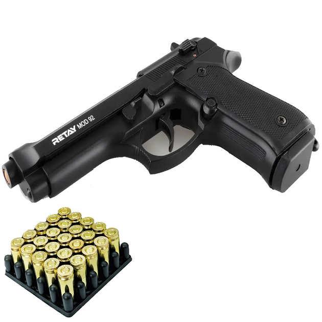 Стартовый пистолет RETAY MOD. 92 black (Beretta 92) + Патроны 25шт. - изображение 1