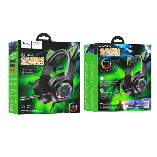 Игровые проводные наушники Hoco W107 Cute Cat Ear RGB подсветка,USB и ...