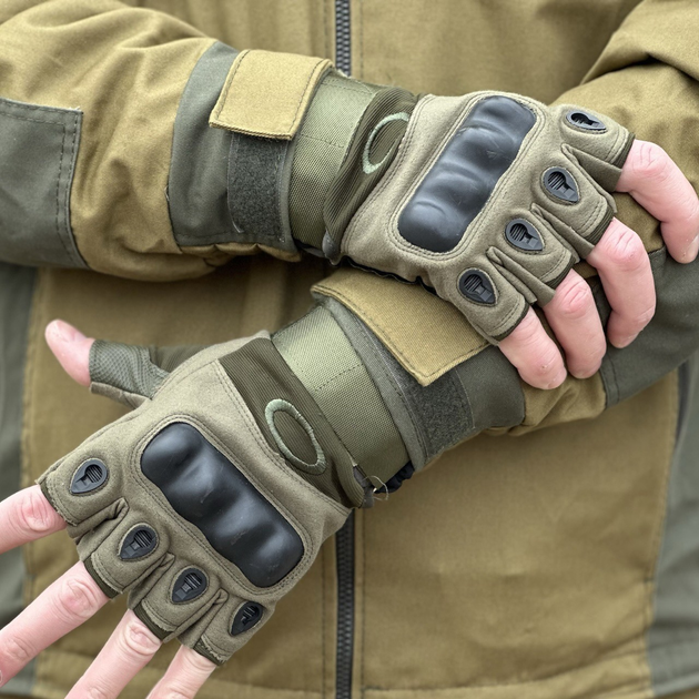 Тактические безпалые перчатки Tactic армейские перчатки с защитой костяшек размер М цвет Олива (oakley-olive-m) - изображение 1