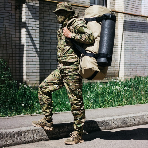 Баул-сумка військова, Оксфорд баул армійський 100 л тактичний баул, тактичний баул-рюкзак, койотм із кріпленням для каремату та саперної лопати. - зображення 1