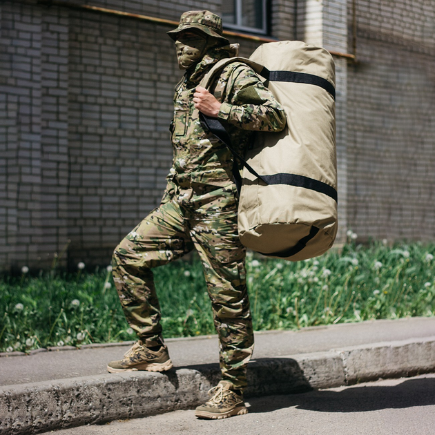 Баул-сумка військова, Оксфорд баул армійський 120 л тактичний баул, тактичний баул-рюкзак, койотм із клапаном. - зображення 1