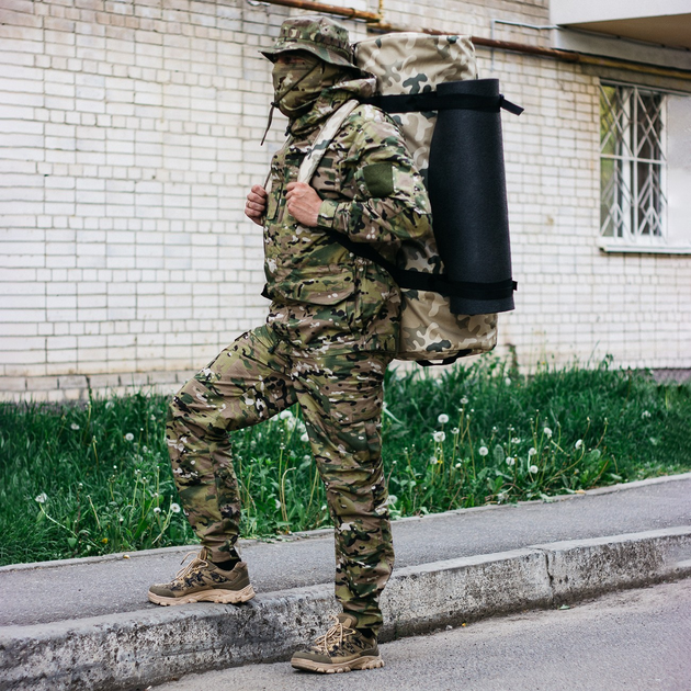 Рюкзак-сумка-баул військова, армійський баул Оксфорд 100 л тактичний баул пісочний мультикам з кріпленням для каремату і саперної лопати. - зображення 1