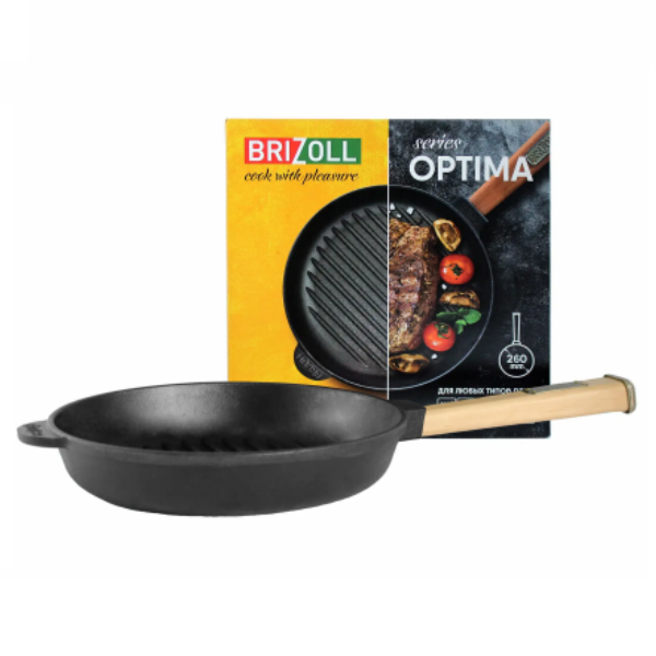 Сковорода-гриль Brizoll Оптима О2850Г-Р с антипригарным покрытием, с деревянной ручкой, диаметр 28 см - изображение 2