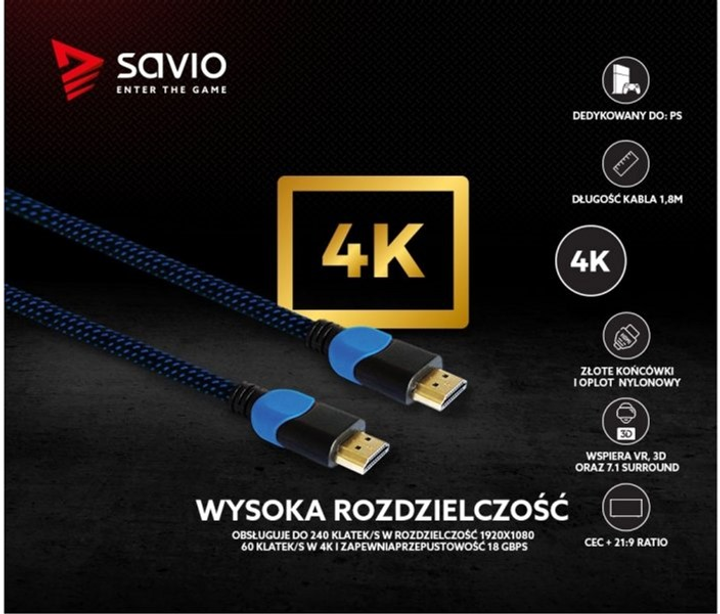 Kabel Savio GCL-02 HDMI v2.0, 1.8 m Niebieski - obraz 4