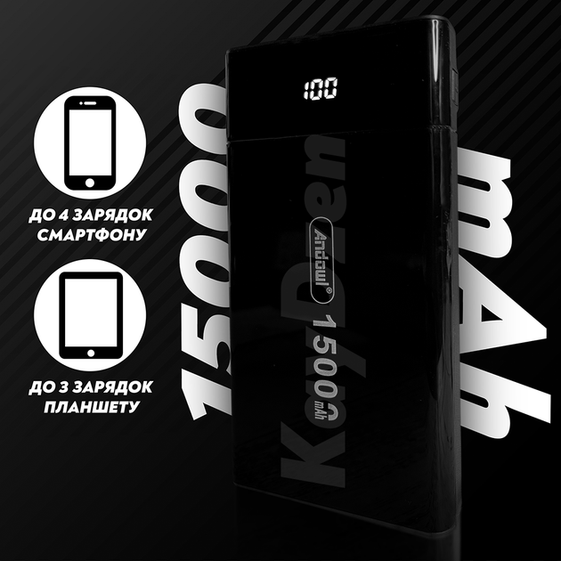 УМБ Andowl Q-CD555Х1 Power Bank 15000 mAh Зовнішній акумулятор (повер банк, портативна батарея) + Подарок USB-лампочка Чорний - зображення 4
