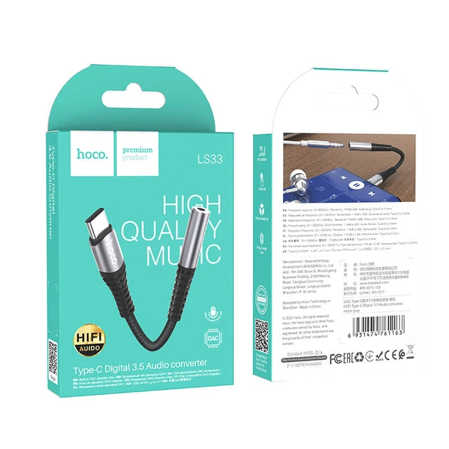Перехідник Type-C на навушники mini jack 3.5 Digital Audio converter HOCO LS33 (0.12m, DAC) сірий - зображення 6