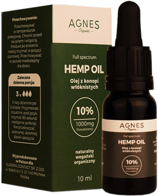 Agnes Organic Hemp Oil 10% 1000mg 10 ml (5904365038010) - obraz 1