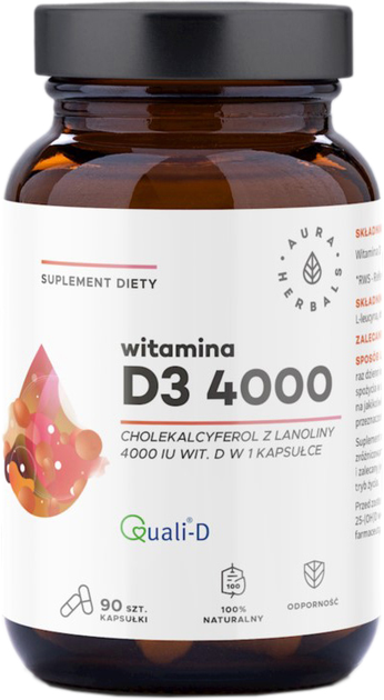 Харчова добавка Aura Herbals Вітамін D3 4000 90 капсул з ланоліном (5902479612867) - зображення 1