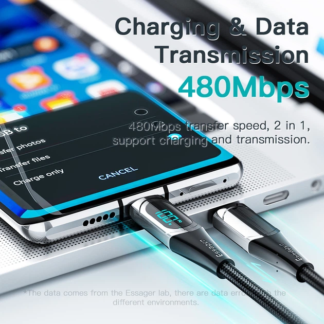 Кабель Essager LED Digital Display USB Type C x USB Type C 100 Вт 1 м Черный (ES-XCTT1-YD01) - изображение 5