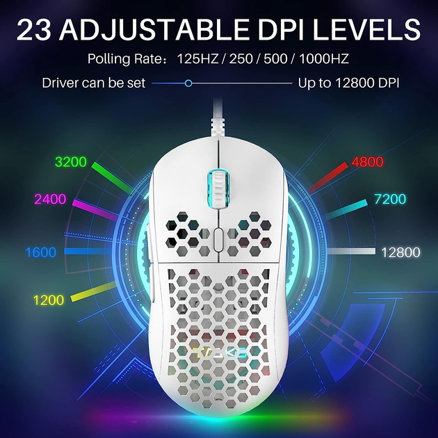 Игровая эргономичная мышь Dierya, RGB, 12800 DPI и 6 программируемых кнопок Ultra Light-75г. Цвет - Белый - изображение 2