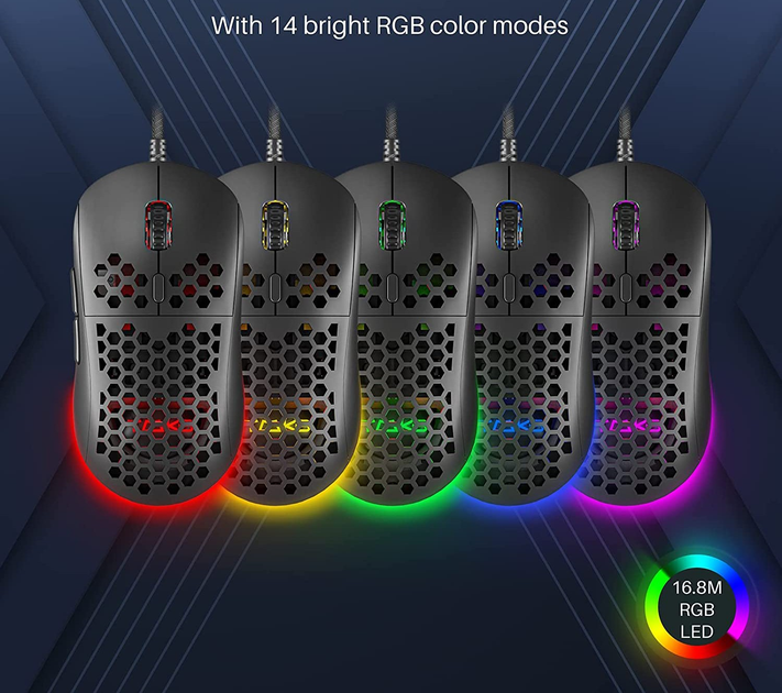 Игровая эргономичная мышь Dierya, RGB, 12800 DPI и 6 программируемых кнопок Ultra Light-75г. Цвет - Черный - изображение 3