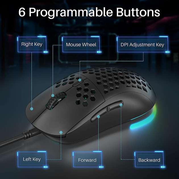 Игровая эргономичная мышь Dierya, RGB, 12800 DPI и 6 программируемых кнопок Ultra Light-75г. Цвет - Черный - изображение 5