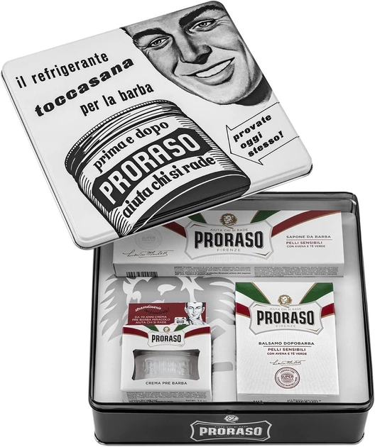 Vintage zestaw upominkowy w metalowym pudełku Proraso Delikatne golenie i pielęgnacja skóry wrażliwej (8004395003600) - obraz 1