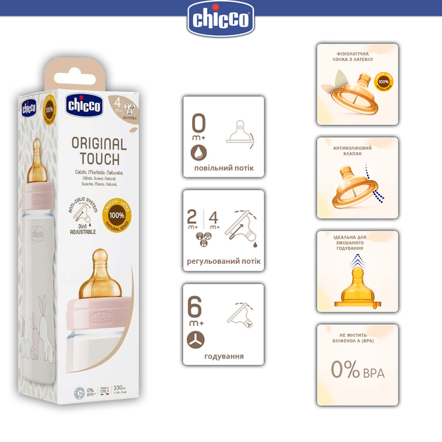 Butelka do karmienia Chicco Original Touch plastikowa z lateksowym smoczkiem 4m+ 330 ml Różowa (27634.10) - obraz 8
