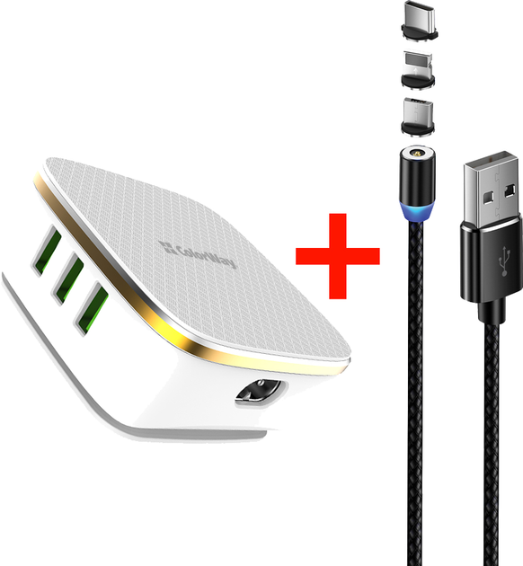 Сетевое зарядное устройство ColorWay 6USB (1QC3.0 + 5 AUTO ID) 7A (35W) White + Кабель ColorWay USB 3в1 Magnetic 2.4А 1 м Black (CW-CHS019Q-WT-CBU) - изображение 1