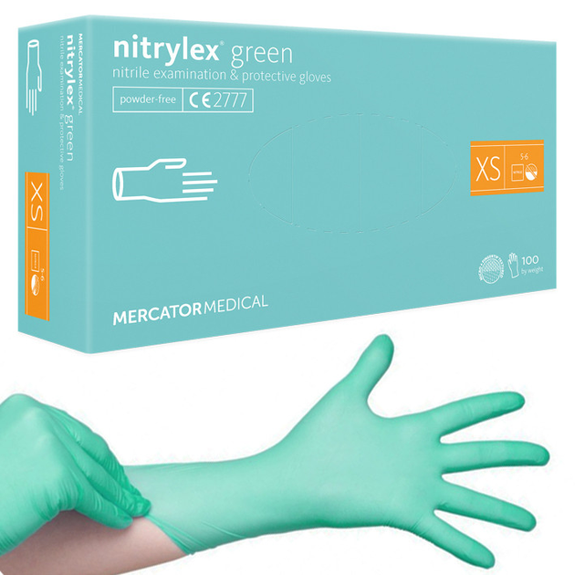 Нитриловые перчатки Nitrylex, плотность 3.5 г. - PF Green - Бирюзовые (100 шт) XS (5-6) - изображение 1
