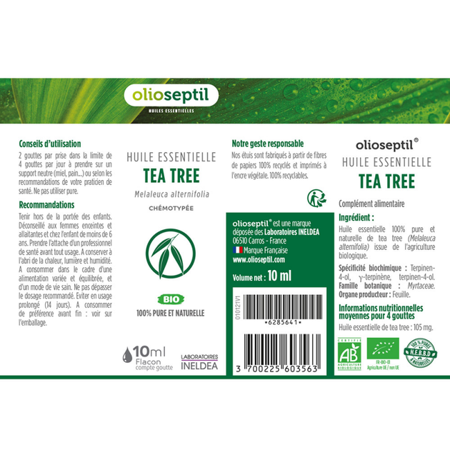 Ефірна олія Чайного дерева Olioseptil / HUILE ESSENTIELLE TEA TREE - Хемотипована органічна HEBBD, 10 мл (OL23) - изображение 2